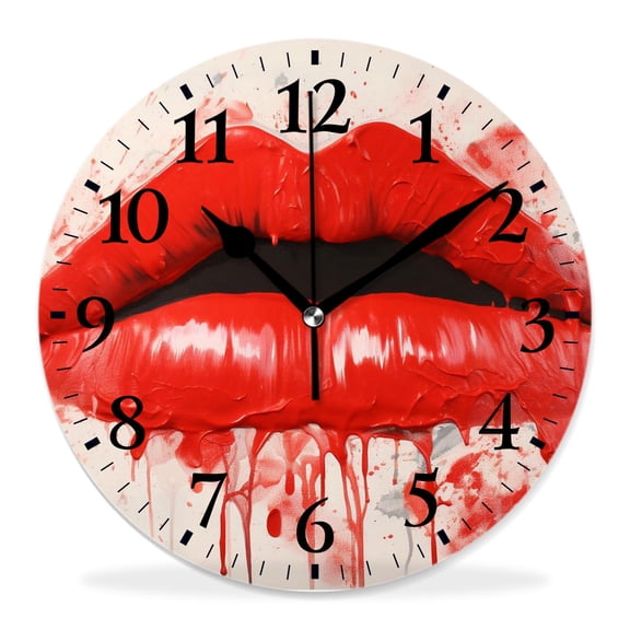 12 Inch Wall Clock Battery Operated Silent Clock Decorative for Office, Kitchen, Outdoor, Living RoomKiss Red Lipstick Mark in The Shape of a He Expression Style