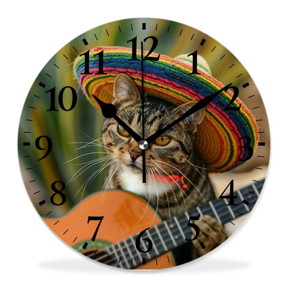 12 Inch Wall Clock Battery Operated Silent Clock Decorative for Office, Kitchen, Outdoor, Living Room,Kitten in Hat Music Playing Guitar Watercolor Elegant
