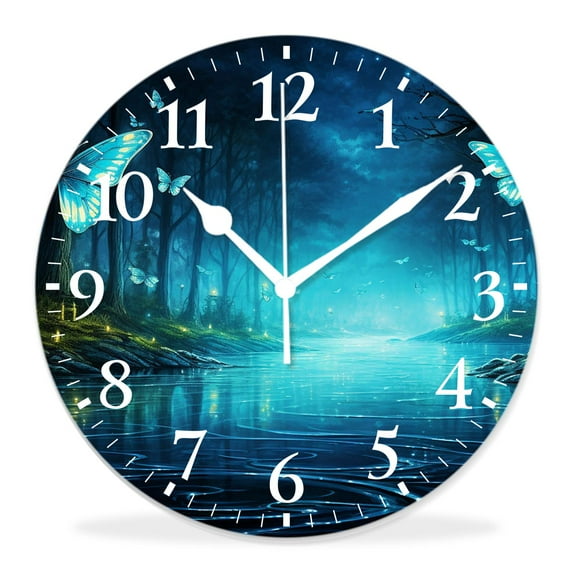 12 Inch Wall Clock Battery Operated Silent Clock Decorative for Office, Kitchen, Outdoor, Living Room,Magic Sparkling Blue Butterfly on Water Exquisite