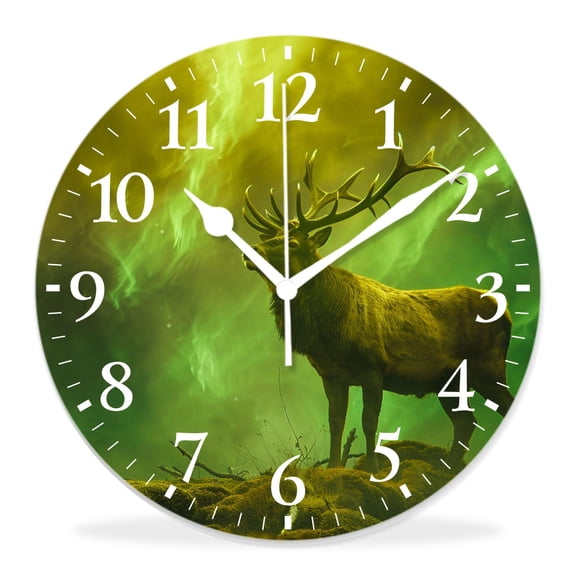 12 Inch Wall Clock Battery Operated Silent Clock Decorative for Office, Kitchen, Outdoor, Living RoomMale Deer Antler in Northern Lights Aurora Galaxy Universe Charming