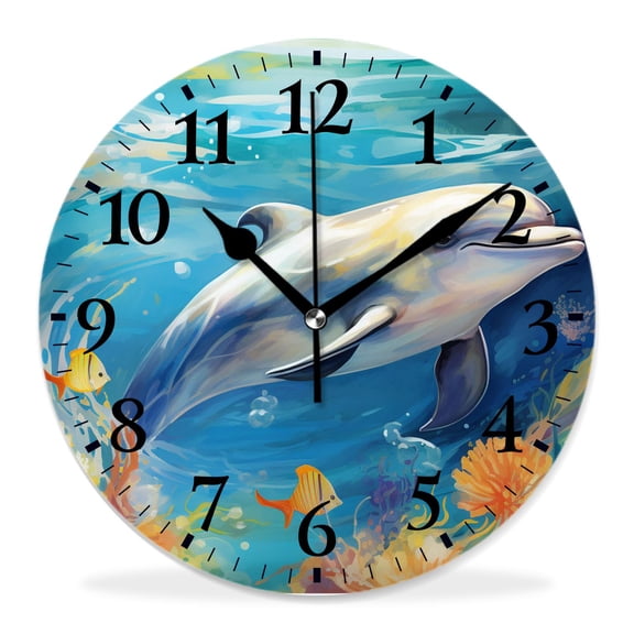 12 Inch Wall Clock Battery Operated Silent Clock Decorative for Office, Kitchen, Outdoor, Living RoomMarine Sea Life Underwater World Dolphin Coral Reef Plant Painting