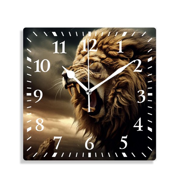 12 Inch Wall Clock Battery Operated Silent Clock Decorative for Office, Kitchen, Outdoor, Living RoomRoaring Lion Against Stormy Sky Beautiful Pattern