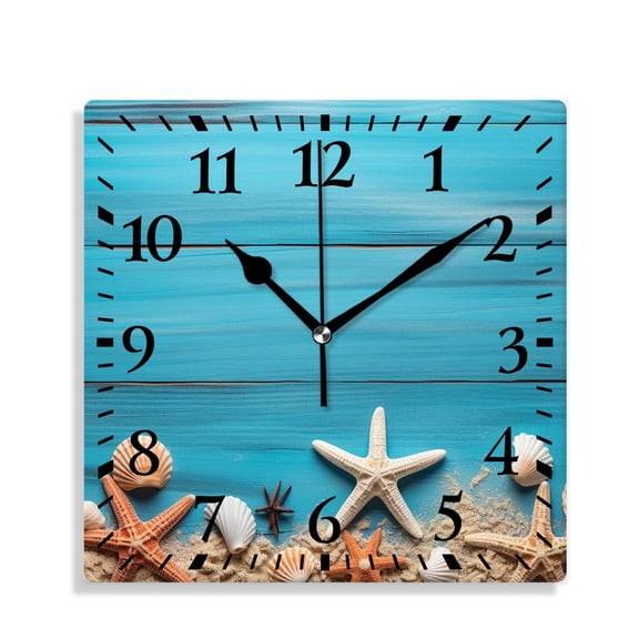 12 Inch Wall Clock Battery Operated Silent Clock Decorative for Office, Kitchen, Outdoor, Living RoomSea Shells and Starfish on a Blue Wooden Background Drawing