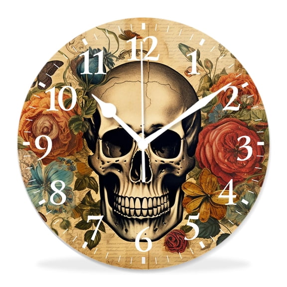 12 Inch Wall Clock Battery Operated Silent Clock Decorative for Office, Kitchen, Outdoor, Living RoomTatoo Skull on Floral Background Beautiful Design