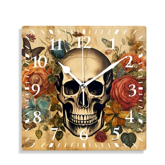 12 Inch Wall Clock Battery Operated Silent Clock Decorative for Office, Kitchen, Outdoor, Living RoomTatoo Skull on Floral Background Beautiful Design