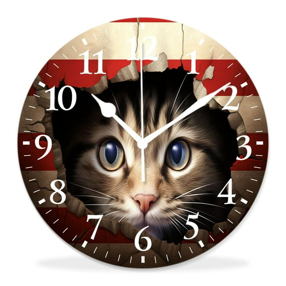 12 Inch Wall Clock Battery Operated Silent Clock Decorative for Office, Kitchen, Outdoor, Living Room,aCat Looking Up Through aHole in Paper UsaFlag Cute Pattern
