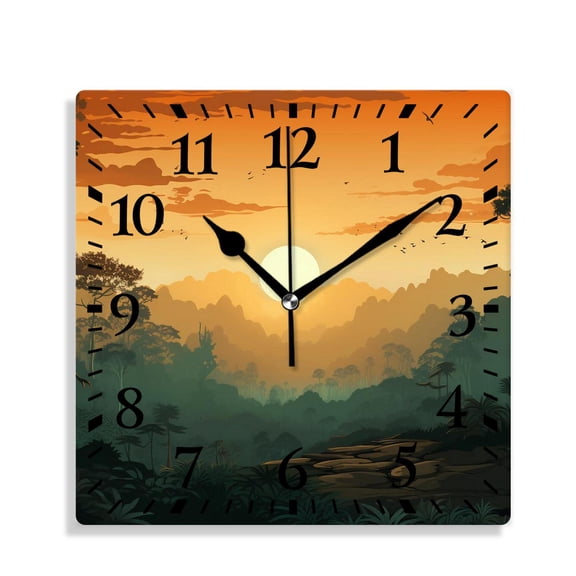 12 Inch Wall Clock Battery Operated Silent Clock Decorative for Office, Kitchen, Outdoor, Living Roomforest Coon Sunset Over Hills Tree Spring Season Inspirations Print