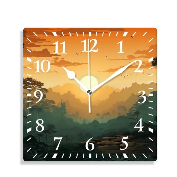 12 Inch Wall Clock Battery Operated Silent Clock Decorative for Office, Kitchen, Outdoor, Living Roomforest Coon Sunset Over Hills Tree Spring Season Inspirations Print