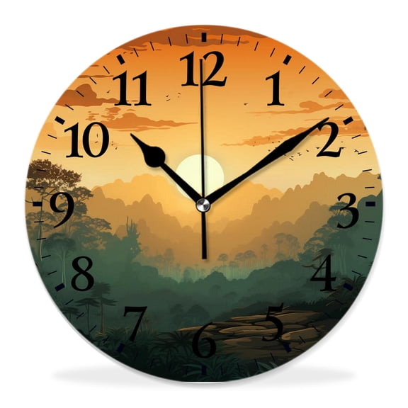 12 Inch Wall Clock Battery Operated Silent Clock Decorative for Office, Kitchen, Outdoor, Living Roomforest Coon Sunset Over Hills Tree Spring Season inspirations Print