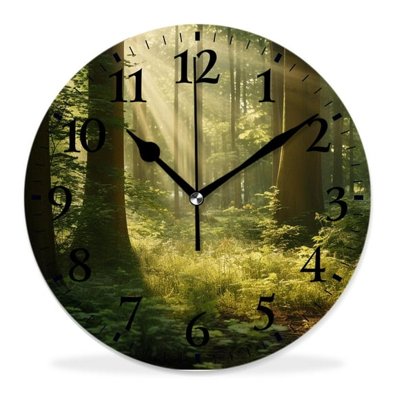 12 Inch Wall Clock Battery Operated Silent Clock Decorative for Office, Kitchen, Outdoor, Living Room,forest in Spring Time Sunset Moss Woods Leaf Fantasy View Design