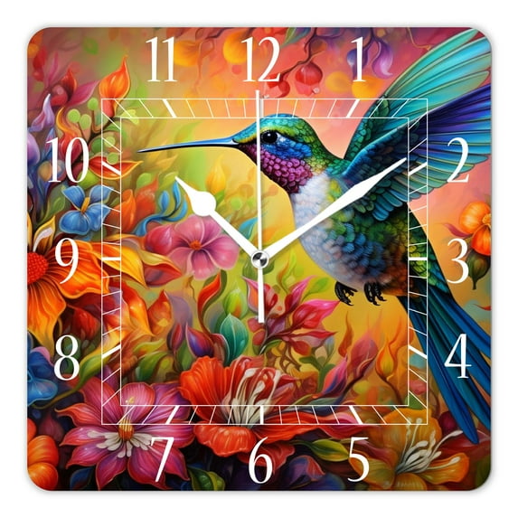 12 Inch Wall Clock Battery Operated Square Clock Decorative for Office, Kitchen, Outdoor, Living Room,Beautiful Hummingbird Flower Landscape Nature Image