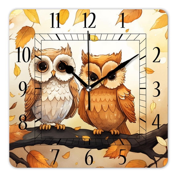12 Inch Wall Clock Battery Operated Square Clock Decorative for Office, Kitchen, Outdoor, Living Room，Cartoon Owl Bird Mushroom Autumn Maple Leaves Pattern