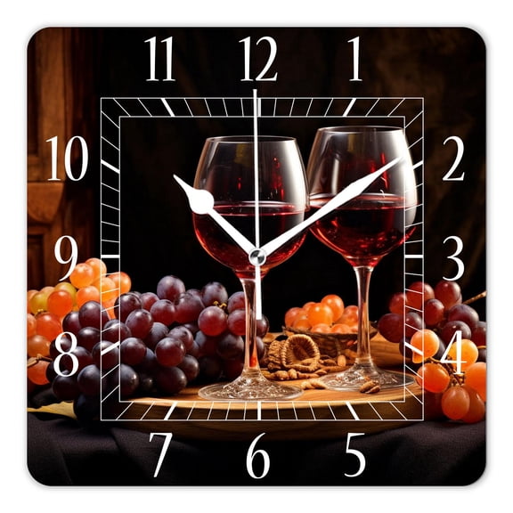 12 Inch Wall Clock Battery Operated Square Clock Decorative for Office, Kitchen, Outdoor, Living Room，Delicious Red Wine with Grape on Wooden Table Beautiful Design
