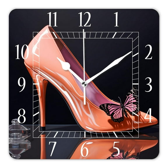 12 Inch Wall Clock Battery Operated Square Clock Decorative for Office, Kitchen, Outdoor, Living RoomPink High Heel Shoes Butterfly Exquisite Drawings