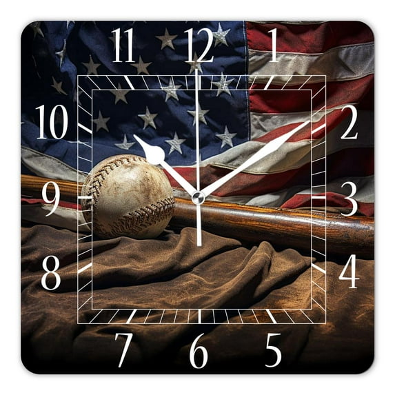 12 Inch Wall Clock Battery Operated Square Clock Decorative for Office, Kitchen, Outdoor, Living Room,Vintage Baseball Ball Star American Flag Pattern