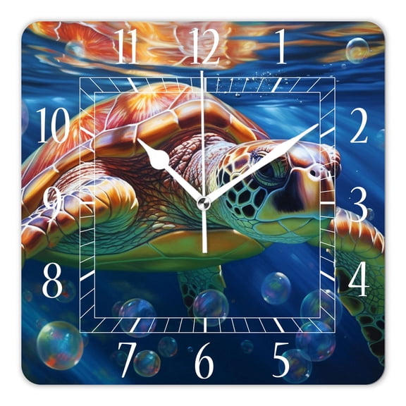 12 Inch Wall Clock Battery Operated Square Clock Decorative for Office, Kitchen, Outdoor, Living RoomA Cute Swimming Sea Turtle Beautiful