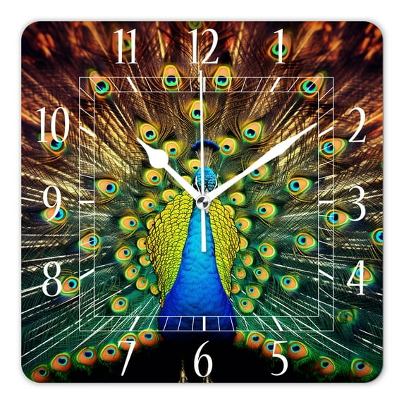 12 Inch Wall Clock Battery Operated Square Clock Decorative for Office, Kitchen, Outdoor, Living Room,A Peacock with Feathers Out Lovely Pattern