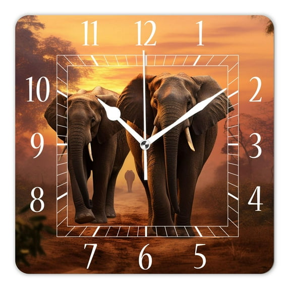 12 Inch Wall Clock Battery Operated Square Clock Decorative for Office, Kitchen, Outdoor, Living Room,Animal Sunset Elephant Tree Image