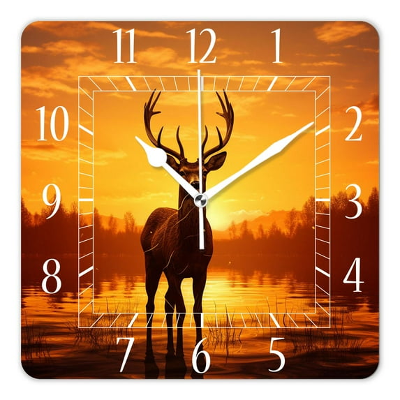 12 Inch Wall Clock Battery Operated Square Clock Decorative for Office, Kitchen, Outdoor, Living Room,Antlers Hugging Sunset Silhouette Pattern