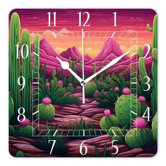 12 Inch Wall Clock Battery Operated Square Clock Decorative for Office, Kitchen, Outdoor, Living RoomCactus Green Cacti Design