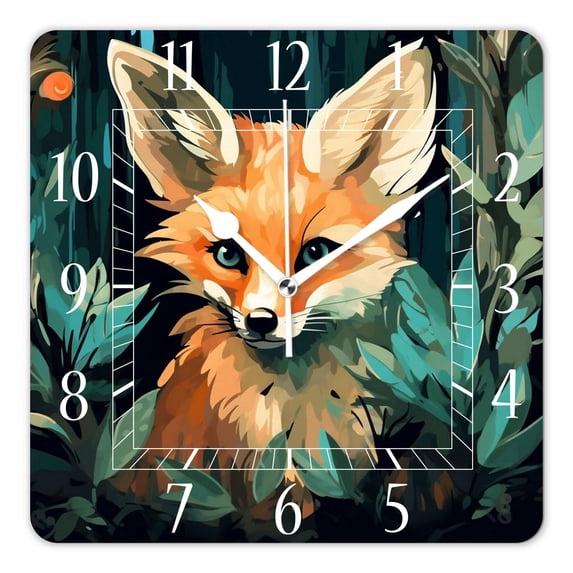 12 Inch Wall Clock Battery Operated Square Clock Decorative for Office, Kitchen, Outdoor, Living Room,Cartoon Fox Birch Trees Picture
