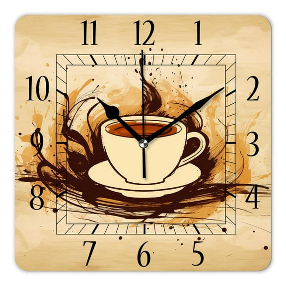 12 Inch Wall Clock Battery Operated Square Clock Decorative for Office, Kitchen, Outdoor, Living Room，Coffee Cup on Brown Background Exquisite