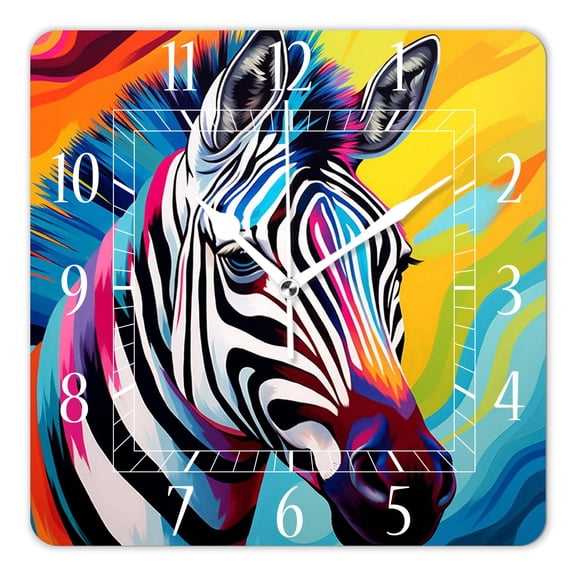 12 Inch Wall Clock Battery Operated Square Clock Decorative for Office, Kitchen, Outdoor, Living RoomColorful Zebra Oil Painting Design
