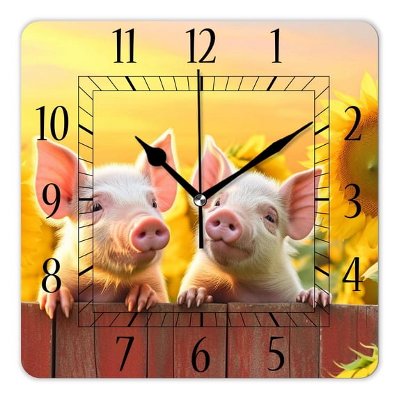 12 Inch Wall Clock Battery Operated Square Clock Decorative for Office, Kitchen, Outdoor, Living Room,Cute Pig Fence Sunflower Creative Pattern