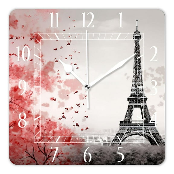 12 Inch Wall Clock Battery Operated Square Clock Decorative for Office, Kitchen, Outdoor, Living RoomEiffel Tower Paris Red Leaf Beautiful