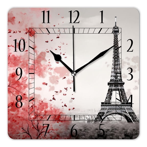 12 Inch Wall Clock Battery Operated Square Clock Decorative for Office, Kitchen, Outdoor, Living RoomEiffel Tower Paris Red Leaf Beautiful