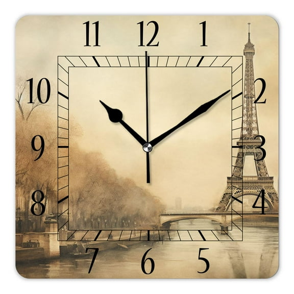 12 Inch Wall Clock Battery Operated Square Clock Decorative for Office, Kitchen, Outdoor, Living RoomEiffel Tower Retro Paris Cute Drawing