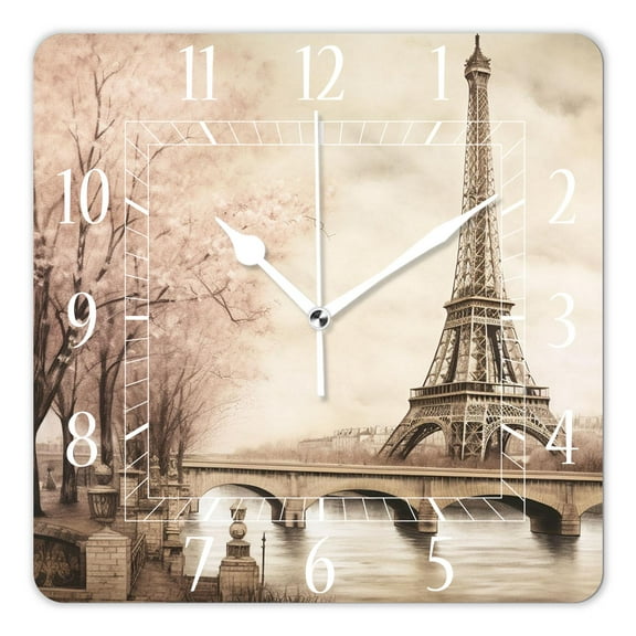 12 Inch Wall Clock Battery Operated Square Clock Decorative for Office, Kitchen, Outdoor, Living RoomEiffel Tower Retro Paris Cute