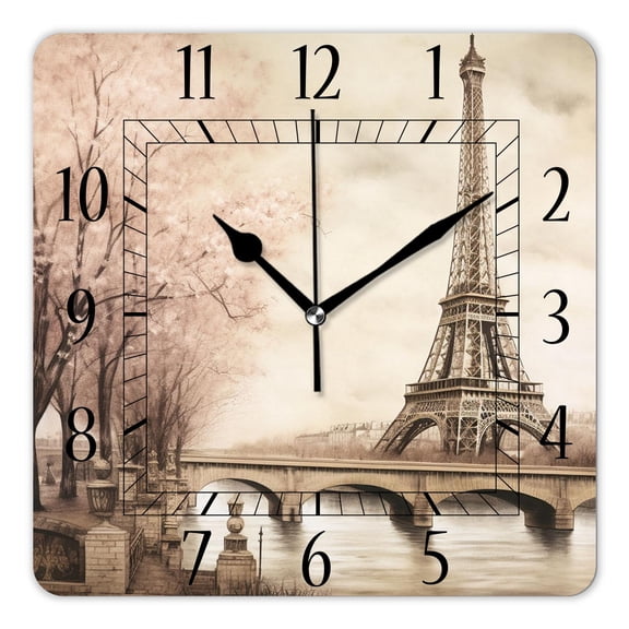 12 Inch Wall Clock Battery Operated Square Clock Decorative for Office, Kitchen, Outdoor, Living RoomEiffel Tower Retro Paris Cute