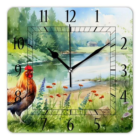 12 Inch Wall Clock Battery Operated Square Clock Decorative for Office, Kitchen, Outdoor, Living Room，Farm Hen and Chicks in Yard Colorful