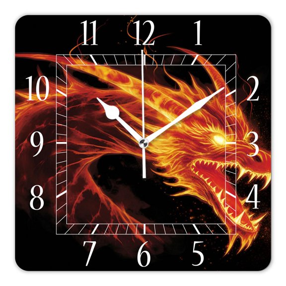 12 Inch Wall Clock Battery Operated Square Clock Decorative for Office, Kitchen, Outdoor, Living RoomFire Dragon with Fire Flames Lovely Pattern