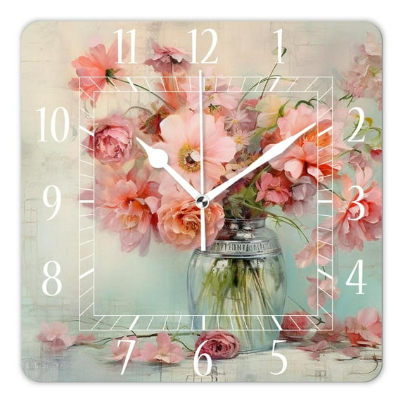 12 Inch Wall Clock Battery Operated Square Clock Decorative for Office, Kitchen, Outdoor, Living Room,Flower Vase Lovely