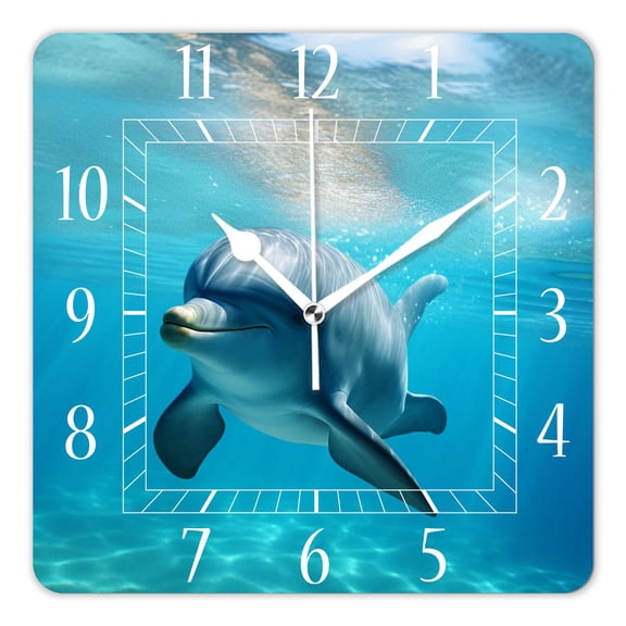 12 Inch Wall Clock Battery Operated Square Clock Decorative for Office, Kitchen, Outdoor, Living RoomFunny Dolphin Swimming Exquisite