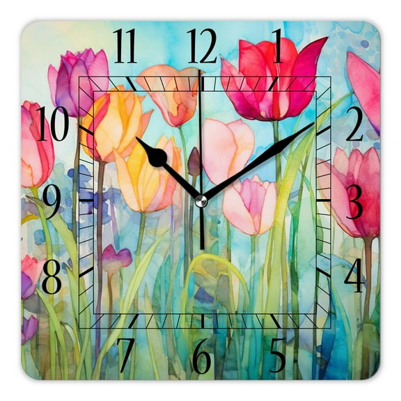 12 Inch Wall Clock Battery Operated Square Clock Decorative for Office, Kitchen, Outdoor, Living RoomGlass Painting Pink Tulips Creative