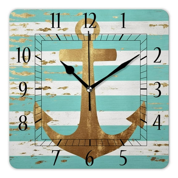 12 Inch Wall Clock Battery Operated Square Clock Decorative for Office, Kitchen, Outdoor, Living Room，Gold Anchor Dots Stripes Printed Cute Drawing