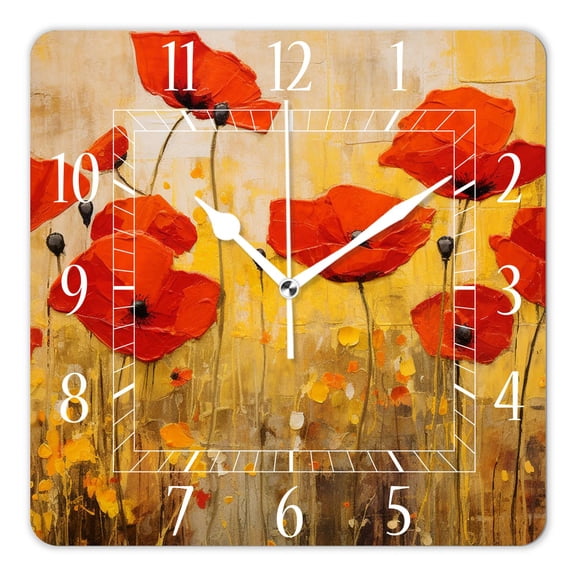 12 Inch Wall Clock Battery Operated Square Clock Decorative for Office, Kitchen, Outdoor, Living RoomGrunge Poppies Flowers Painting
