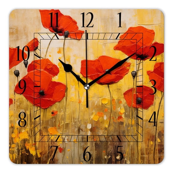 12 Inch Wall Clock Battery Operated Square Clock Decorative for Office, Kitchen, Outdoor, Living RoomGrunge Poppies Flowers Painting