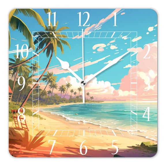 12 Inch Wall Clock Battery Operated Square Clock Decorative for Office, Kitchen, Outdoor, Living Room，Hawaii Beach with Palm Trees Graceful Pattern