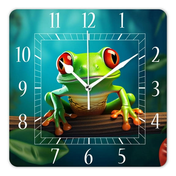 12 Inch Wall Clock Battery Operated Square Clock Decorative for Office, Kitchen, Outdoor, Living RoomHipster Frog Tropical Design