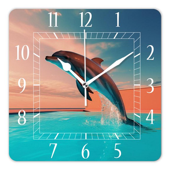 12 Inch Wall Clock Battery Operated Square Clock Decorative for Office, Kitchen, Outdoor, Living RoomOcean Sea Dolphin in The Aquarium Lovely