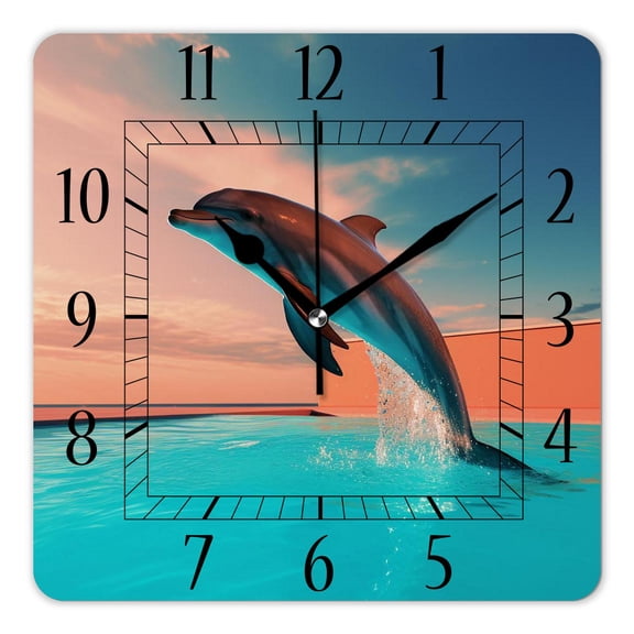 12 Inch Wall Clock Battery Operated Square Clock Decorative for Office, Kitchen, Outdoor, Living RoomOcean Sea Dolphin in The Aquarium Lovely