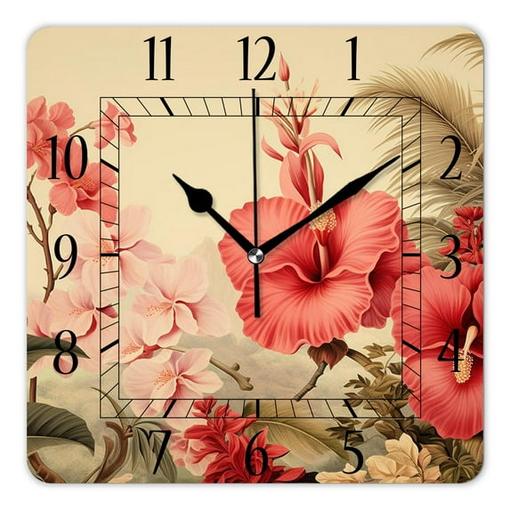 12 Inch Wall Clock Battery Operated Square Clock Decorative for Office, Kitchen, Outdoor, Living Room,Palm Leaf Hawaiian Hibiscus Pattern