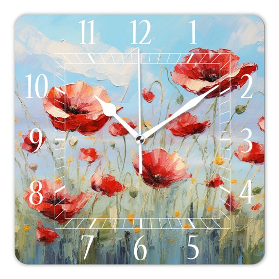 12 Inch Wall Clock Battery Operated Square Clock Decorative for Office, Kitchen, Outdoor, Living RoomPoppy Spring Field Oil Painting Lovely Pattern