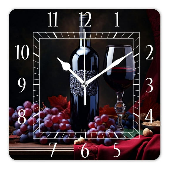 12 Inch Wall Clock Battery Operated Square Clock Decorative for Office, Kitchen, Outdoor, Living RoomRed Wine with Grapes and Vine Leaves Lovely