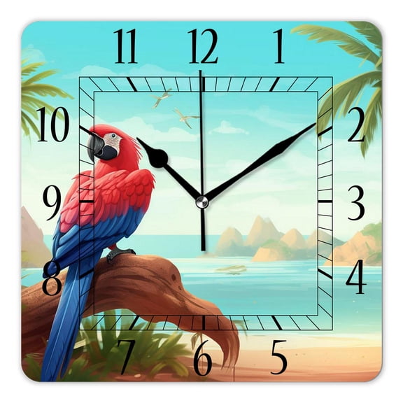 12 Inch Wall Clock Battery Operated Square Clock Decorative for Office, Kitchen, Outdoor, Living Room，Tropical Beach Plants and Parrot Image