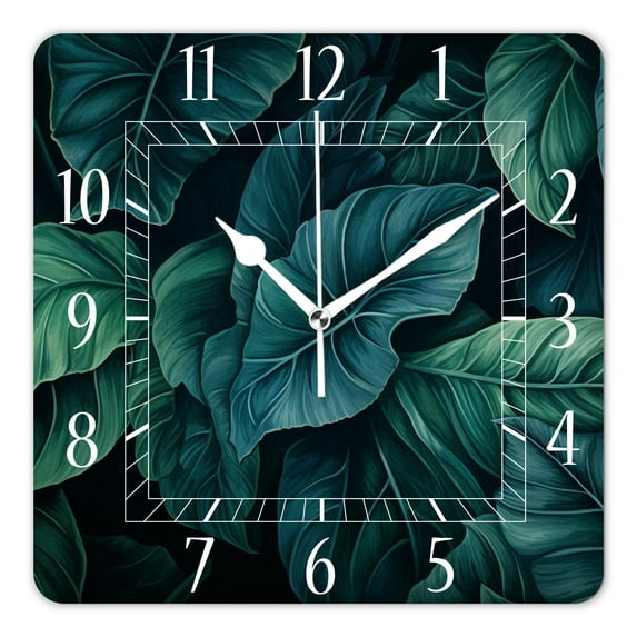12 Inch Wall Clock Battery Operated Square Clock Decorative for Office, Kitchen, Outdoor, Living Room,Turquoise and Green Tropical Leaves Picture